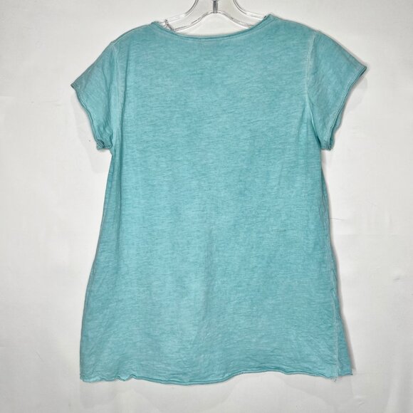 Three Stars Woman’s Top M? Turquoise Blue with Charcoal Gray Dragonfly Graphic - Picture 2 of 10